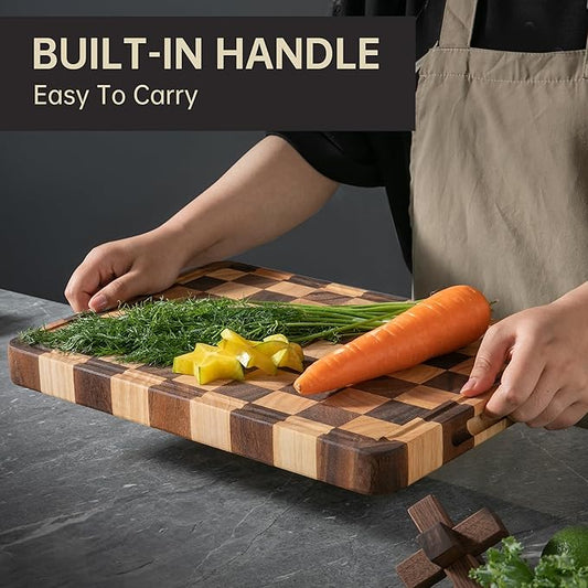 Checkered Cutting Boards for Kitchen, 1.4“ Thickened Wooden Chopping Board with Juice Grooves & Handles, Butcher Block for Meat, Vegetables and Fruits with Gift Box, 16" x 11"×1.4"