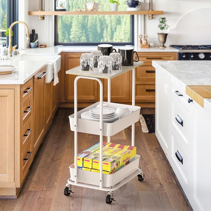 Simple Houseware 2-Tier Rolling Utility Cart Wood Top/Lockable Wheel, Maple | Metal Storage Organizer Trolley for Kitchen, Bathroom, Office, Craft Room