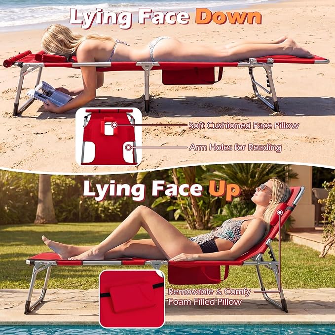 GYMAX Tanning Chair, 3 in 1 Sun Bathing Lounge Chairs with Face/Arm Holes & Side Pocket, Portable Lightweight Face Down Layout Tanning Chair for Outside, Beach, Backyard, Poolside (1, Red)