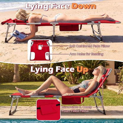 GYMAX Tanning Chair, 3 in 1 Sun Bathing Lounge Chairs with Face/Arm Holes & Side Pocket, Portable Lightweight Face Down Layout Tanning Chair for Outside, Beach, Backyard, Poolside (1, Red)