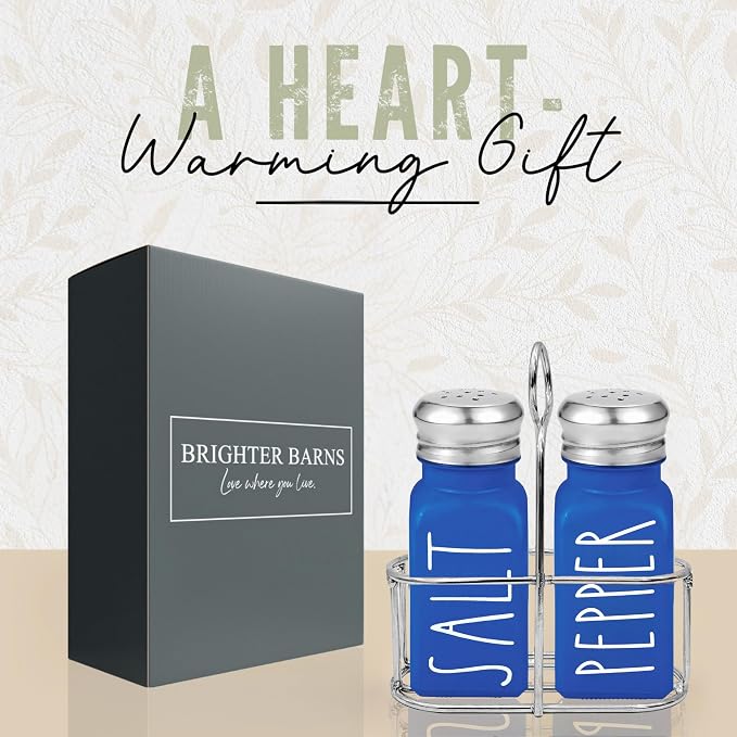 Blue Salt and Pepper Shakers Set with Holder by Brighter Barns - Glass Salt Shaker with Caddy - Farmhouse Kitchen Decor and Accessories for Coastal Home, Dining Table, Restaurant, Airbnb, Gifts (Blue)
