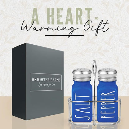 Blue Salt and Pepper Shakers Set with Holder by Brighter Barns - Glass Salt Shaker with Caddy - Farmhouse Kitchen Decor and Accessories for Coastal Home, Dining Table, Restaurant, Airbnb, Gifts (Blue)