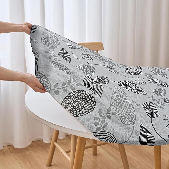 LIBERECOO Round Vinyl Fitted Tablecloth with Flannel Backing Elastic Edge Plastic Table Cover - Leaf Whisper - Waterproof Stain-Resistant Wipeable Tablecloths