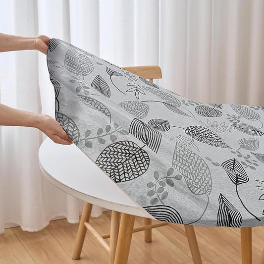 LIBERECOO Round Vinyl Fitted Tablecloth with Flannel Backing Elastic Edge Plastic Table Cover - Leaf Whisper - Waterproof Stain-Resistant Wipeable Tablecloths