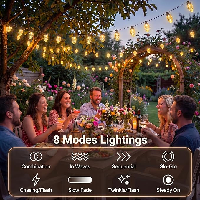 C9 Solar Powered LED Christmas String Lights 50 LED Waterproof Strawberry Light with 8 Mode Green Wire Lighting for Outside Patio Wedding Party Decor