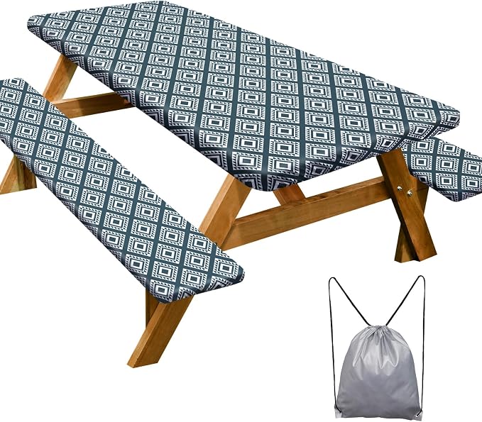 Picnic Table Cover Bench Covers Camping Essentials Tablecloth | Waterproof Vinyl for Outdoor, Windproof Elastic Fitted Edges, RV BBQ Accessories Must Haves, Storage Bag Included