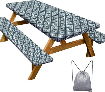Picnic Table Cover Bench Covers Camping Essentials Tablecloth | Waterproof Vinyl for Outdoor, Windproof Elastic Fitted Edges, RV BBQ Accessories Must Haves, Storage Bag Included