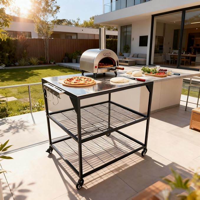 Three-Shelf Movable Stainless Steel & Steel Outdoor Dining Cart Table Pizza Oven Protable Grill and Heavy Duty Grill Cart Outdoor Table
