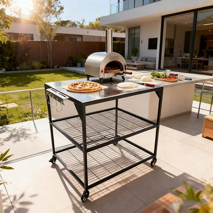 Three-Shelf Movable Stainless Steel & Steel Outdoor Dining Cart Table Pizza Oven Protable Grill and Heavy Duty Grill Cart Outdoor Table