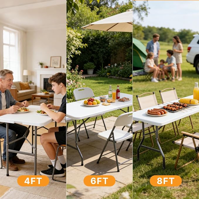 Sweetcrispy 8 FT Folding Picnic Table Easy to Fold and Store, Foldable Table for Camping Picnic Dining Party Kitchen Outdoor Indoor with Carrying Handle