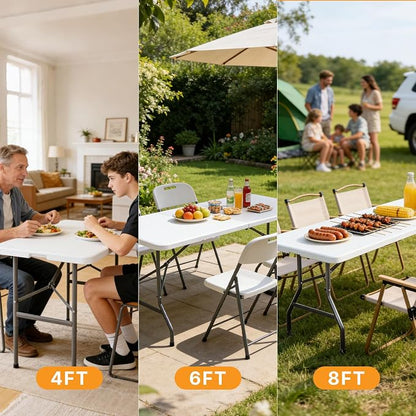Sweetcrispy 8 FT Folding Picnic Table Easy to Fold and Store, Foldable Table for Camping Picnic Dining Party Kitchen Outdoor Indoor with Carrying Handle
