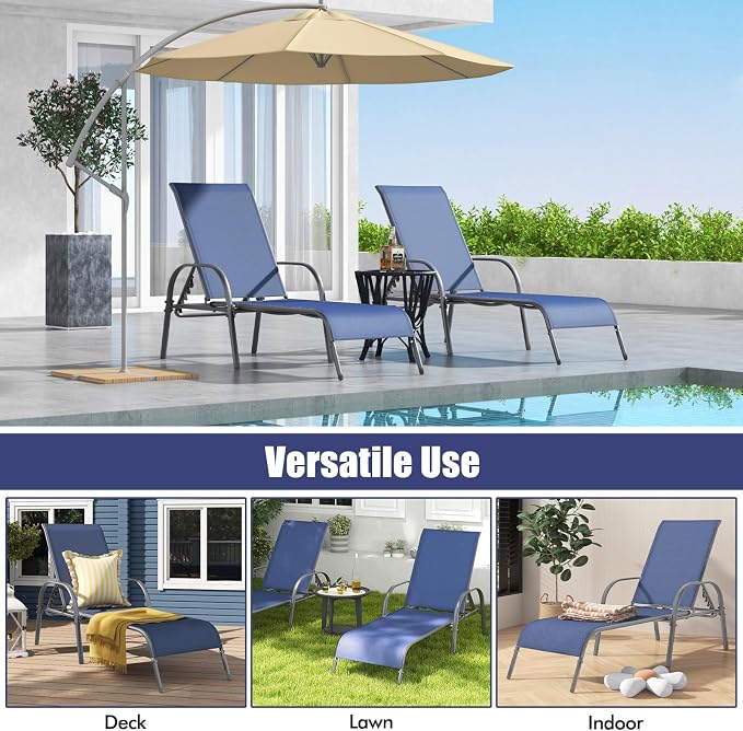 Tangkula Outdoor Lounge Chair, Patio Chaise Lounge with Adjustable Backrest, Reclining Pool Lounge Chair for Outside with Heavy Duty Steel Frame for Beach, Yard, Balcony, Poolside (Navy)