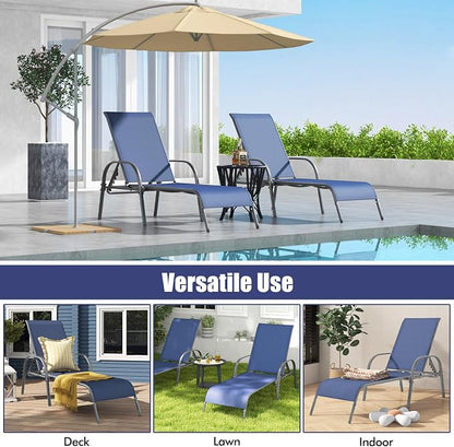 Tangkula Outdoor Lounge Chair, Patio Chaise Lounge with Adjustable Backrest, Reclining Pool Lounge Chair for Outside with Heavy Duty Steel Frame for Beach, Yard, Balcony, Poolside (Navy)