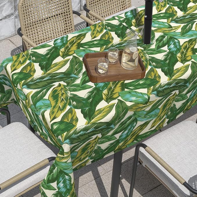Outdoor Rectangle Tablecloth, 60×84 Inch Water Repellent Picnic Table Cover with Umbrella Hole Zipper for Patio Family Meal, Lush Leaf Jungle