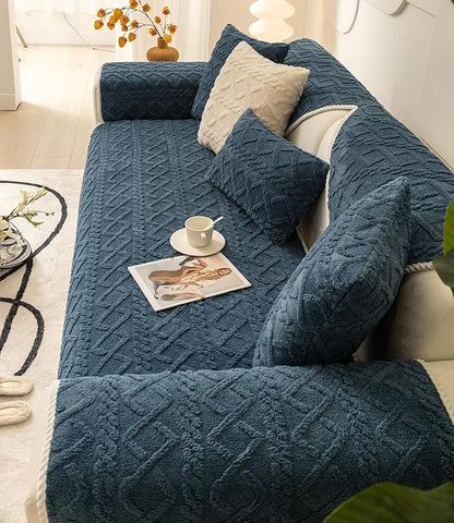 vctops Geometric Jacquard Plush Sofa Couch Covers Farmhouse Neutral Non Slip Sectional Couch Cover Soft Warm Sofa Slipcover for Dogs, Children, Pets Furniture Protector (Dark Blue,28"x35")