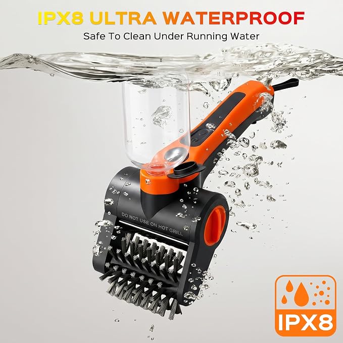 Electric Grill Brush, 100W High Torque Motor BBQ Cleaner with 300ml Water Spray,IPX8 Waterproof & Heat-Resistant, 2-Speed Rechargeable for Gas Charcoal Grill, Includes Scraper & Carry Case