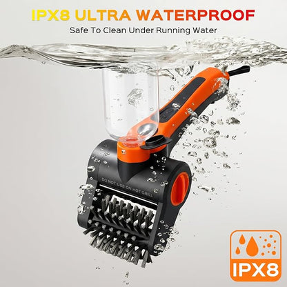Electric Grill Brush, 100W High Torque Motor BBQ Cleaner with 300ml Water Spray,IPX8 Waterproof & Heat-Resistant, 2-Speed Rechargeable for Gas Charcoal Grill, Includes Scraper & Carry Case