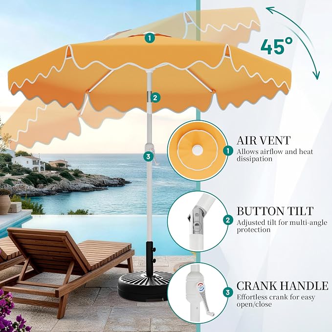 AreShark 7.5FT Outdoor Patio Umbrella with Wavy Trim (Mustard Yellow) | Market Table Umbrellas w/ 6 Sturdy Ribs, Crank & Tilt, White Pole, Pool Umbrella with UV-Fade Resistant Fabric, Heavy Frame