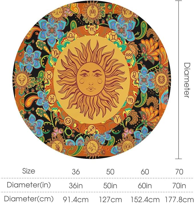 Vintage Boho Sun Round Tablecloth Wildflower Floral Bohemian Hippie Sun Table Cloth Water Resistant Wipeable Table Cover for Farmhouse Picnic Party Holiday Kitchen Dinner Table 60"
