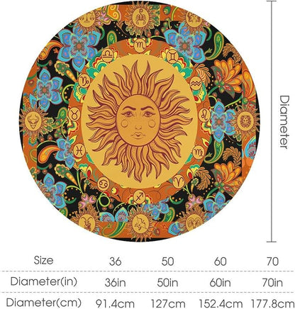 Vintage Boho Sun Round Tablecloth Wildflower Floral Bohemian Hippie Sun Table Cloth Water Resistant Wipeable Table Cover for Farmhouse Picnic Party Holiday Kitchen Dinner Table 60"