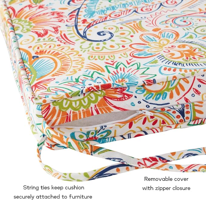 Outdoor 18 inch Square Patio Dining Chair Pads – Comfortable Fiber-Filled Seat Cushions with Ties, Reversible Polyester Fabric - Jamboree Paisley, Set of 4