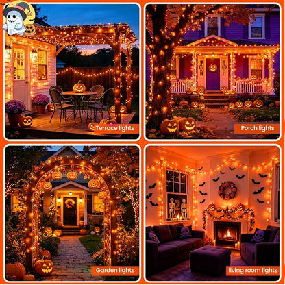 Orange Lights for Halloween Outdoor Solar String Lights Waterproof for Halloween Decorations, Total 100LED 45FT for Garden Yard Pathway Fence, 8 Modes 50LED x 2 Packs