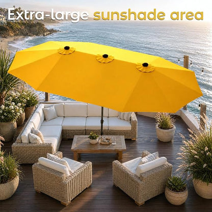 DomeShade 15FT Double-Sided Patio Umbrella with Base,Large Outdoor Rectangular Market Umbrella with Stand & Crank Lift,UV-Resistant Outside Umbrella for Garden,Poolside,Lawn,Deck,Yellow