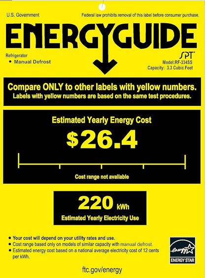 SPT RF-334SS Compact Refrigerator, 3.3 Cubic Feet, Stainless Steel, Energy Star