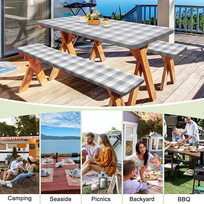 Picnic Table and Bench Cover Set, Waterproof Fitted Elastic Cloth | Portable Camping Essentials With Built-In Storage Pocket And Waterproof Fabric For Outdoor RV Or Picnic Table Use