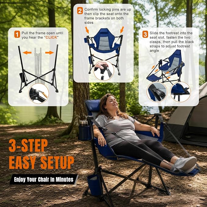 HOPERAN Hammock Camping Chair with Footrest 400lb Swing Chair, Blue 2 Pack | 31.5" Wide Seat, 90°-130° Recliner, Stable Frame, 600D Fabric, Carry Bag, Cup Holder, Storage Pocket, for Beach Patio Sports