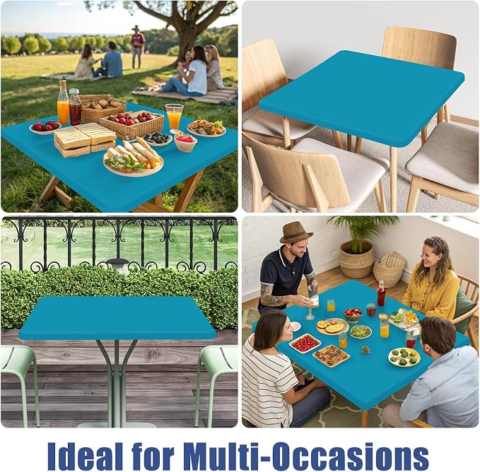 Moosfor 2 Pack Square Spandex Fitted Table Cloth, Elastic Tablecloth | Washable Picnic Table Cover, Stretch Waterproof Table cloths for Party, Patio, Dining, Kitchen, 34" x 34", Teal