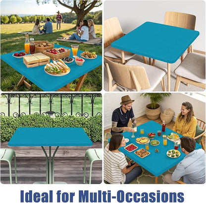 Moosfor 2 Pack Square Spandex Fitted Table Cloth, Elastic Tablecloth | Washable Picnic Table Cover, Stretch Waterproof Table cloths for Party, Patio, Dining, Kitchen, 34" x 34", Teal
