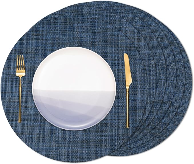 15 Inch Round Placemats Set of 6, Washable Vinyl Woven Place Mats | Heat Resistant Non-Slip Braided Table Mats for Dining Table Kitchen Indoor & Outdoor Use (Dark Blue, Set of 6)
