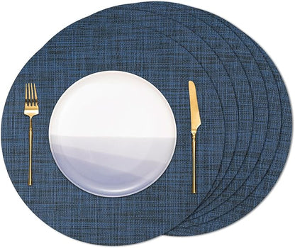 15 Inch Round Placemats Set of 6, Washable Vinyl Woven Place Mats | Heat Resistant Non-Slip Braided Table Mats for Dining Table Kitchen Indoor & Outdoor Use (Dark Blue, Set of 6)