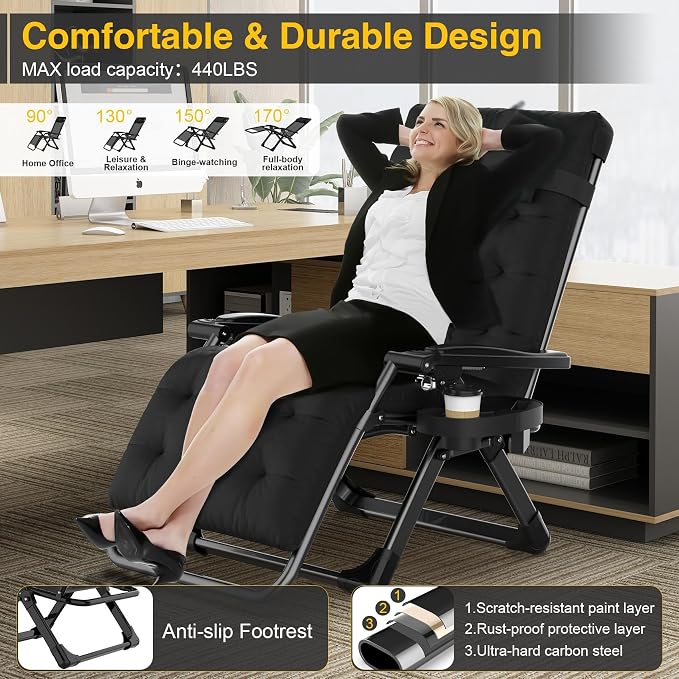 Suteck Zero Gravity Chair, Folding Lounge Chairs with Aluminum Alloy Lock | Folding Patio Recliner w/Removable Pad, Adjustable Headrest and Side Tray for Outdoor Patio, Lawn, and Camping
