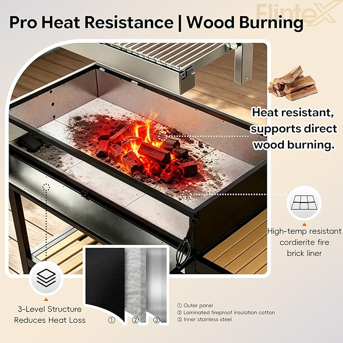 Flintex Argentine Santa Maria Grill, Wood & Charcoal Parrilla BBQ Brasero Grill with Asado Tools, Multi-Function Adjustable Height, Easy Clean with Ash & Grease Collector, Ideal for Asado, Backyard
