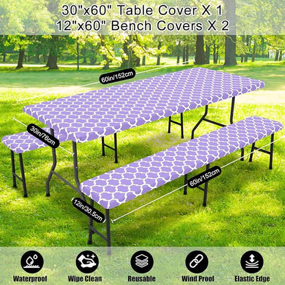 Smiry Picnic Table Cover with Bench Covers, Waterproof Elastic Fitted Tablecloth for 5 Foot Tables, Washable Polyester Tablecloths for Camping, Indoor & Outdoor (Lavender, 30x60 Inch 3-pc Set)
