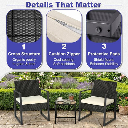 FDW | 3-Piece Patio Furniture Set | Khaki |Outdoor Wicker Furniture with Coffee Table | Modern Rattan Chairs Conversation Set | Outdoor Seating | Weather-Resistant | for Porch, Garden, Lawn