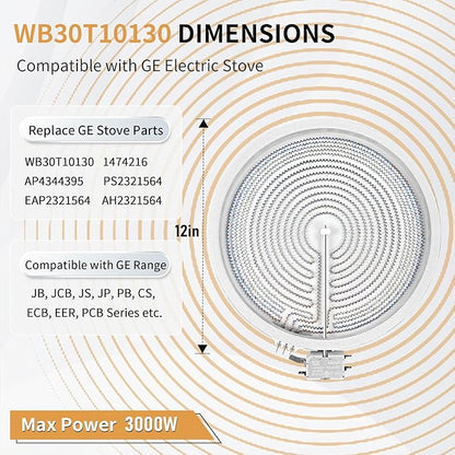 UPGRADED WB30T10130 12" Dual Haliant Surface Element Replacement for GE Stove, AP4344395 12"/9" Dual Radiant Surface Element, PS2321564 12 inch Burner Replace AH2321564 1474216