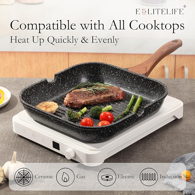 ESLITE LIFE Nonstick Grill Pan for Stove Tops, Versatile Griddle with Pour Spouts, 11 Inch Square Big Grilling Skillet Steak Pan for Indoor & Outdoor Cooking, PTFE & PFOA Free, Black