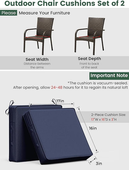 Outdoor Chair Cushion 17 x 16 x 3 Inches Patio Furniture Outdoor Waterproof Seat Cushion, Patio Chair Cushion with Handles and Ties, Square Dining Chair Cushion Set of 2, Navy Blue