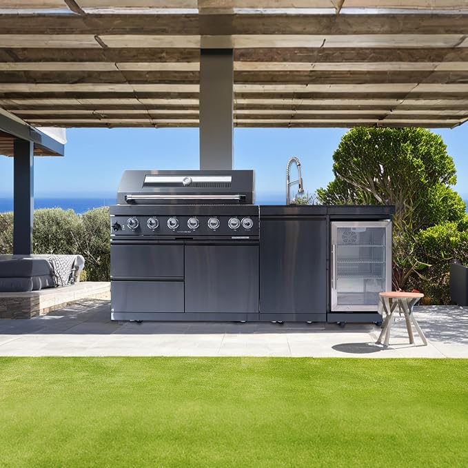 Modular Outdoor Kitchen BBQ Island, Outdoor Kitchen Propane Gas Island Grill with Sink, Compact Refrigerator, Storage Cabinets, Rotisserie Kit (Black, 85")
