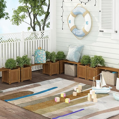 Furinno TIOMAN Mini Planter Box with Bench, Hardwood Flower Box with Seat, Cube Garden Box, in Teak Oil, Outdoor Indoor, Garden, Patio, Balcony, Light Wood