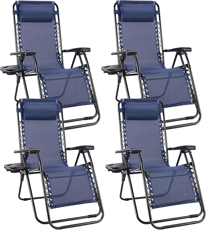 Sweetcrispy Zero Gravity Chairs, Set of 4 Portable Recliner Beach Camping Patio Outdoor Folding Lounge Chair with Cup Holder Trays and Adjustable Pillow for Poolside, Garden, Backyard, Lawn, Blue