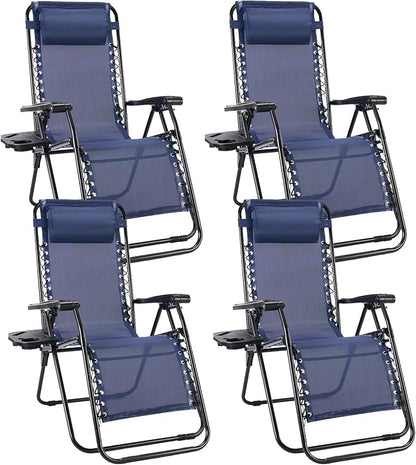 Sweetcrispy Zero Gravity Chairs, Set of 4 Portable Recliner Beach Camping Patio Outdoor Folding Lounge Chair with Cup Holder Trays and Adjustable Pillow for Poolside, Garden, Backyard, Lawn, Blue