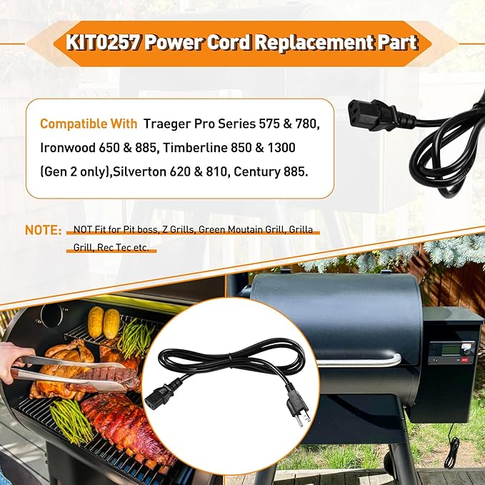 KIT0257 Power Cord Replacement Part Compatible with Traeger Ironwood 650 & 885, Pro Series 575 & 780, Timberline 1300 & 850 (Gen 2 only) Wood Pellet Grill Smokers, 6 Feet