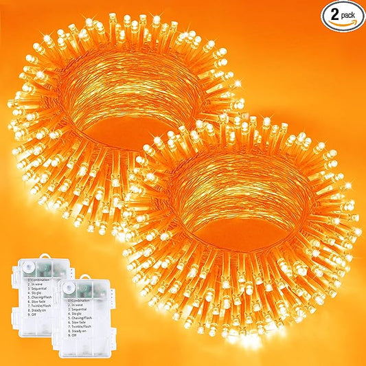 2 Pack Halloween String Lights Battery Operated with Timer, 66FT 200 LED Waterproof Orange String Lights, Twinkle Fairy Light with 8 Modes for Indoor & Outdoor Party Bedroom Halloween Decorations