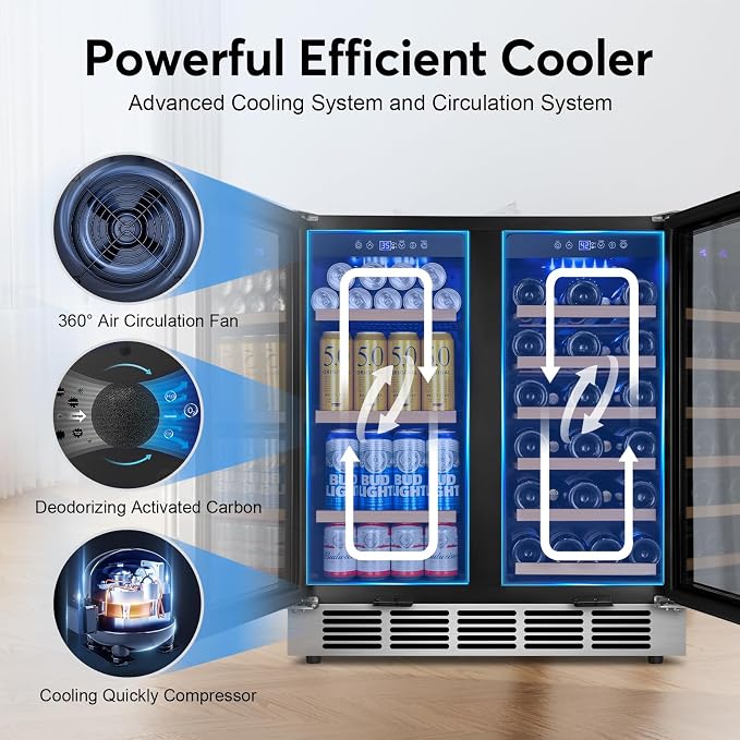30" Dual Zone Wine and Beverage Refrigerator, Under Counter or Freestanding | 29-Bottle 110-Can capacity, Fast cooling, Ideal for home bar office, Adjustable shelves, Temperature memory, LED display