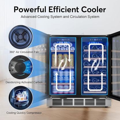 30" Dual Zone Wine and Beverage Refrigerator, Under Counter or Freestanding | 29-Bottle 110-Can capacity, Fast cooling, Ideal for home bar office, Adjustable shelves, Temperature memory, LED display