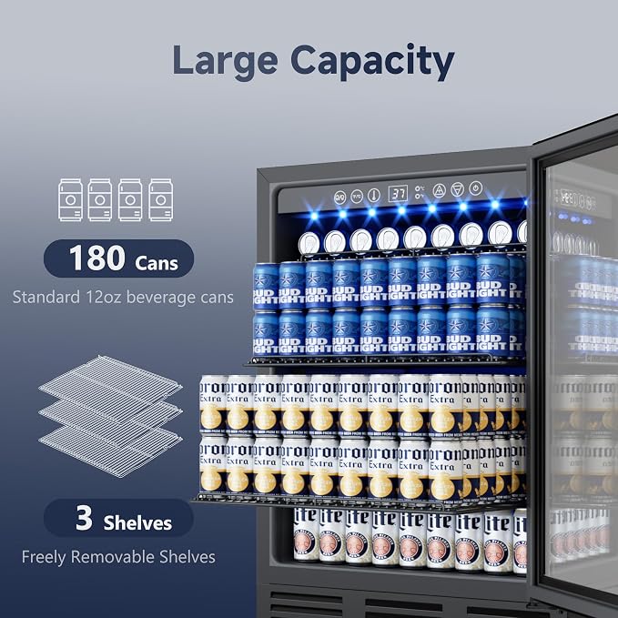 24 Inch Built-In Beverage Cooler for 182 Cans, Under Counter Beer Fridge with Tempered Glass Door & LED Lighting, Freestanding/Integrated Installation (Black)
